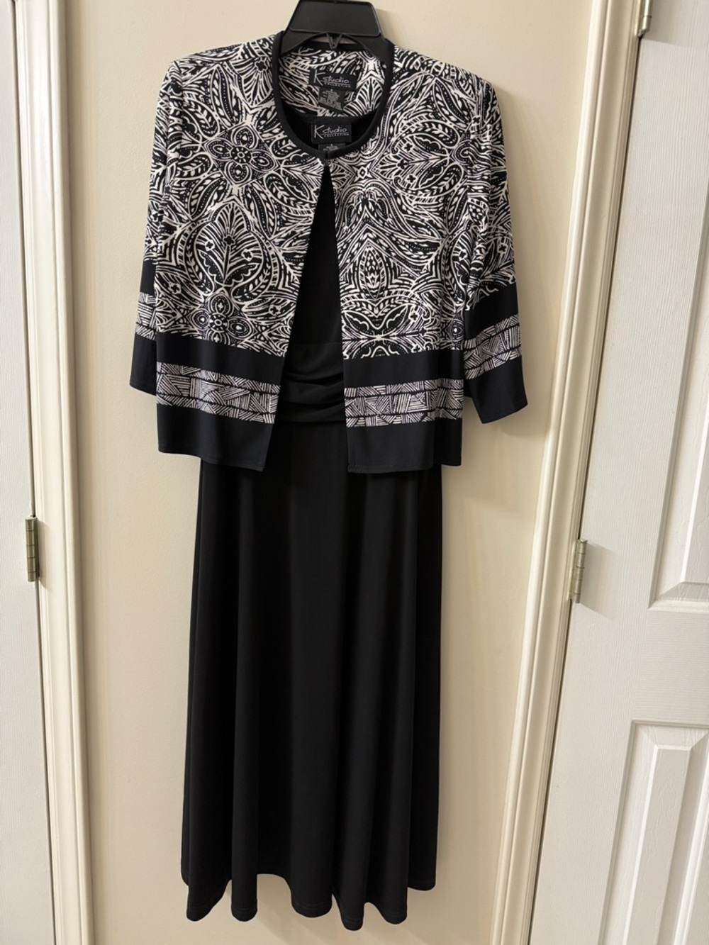 K Studio Black Maxi Dress with Black & White Patterned Jacket